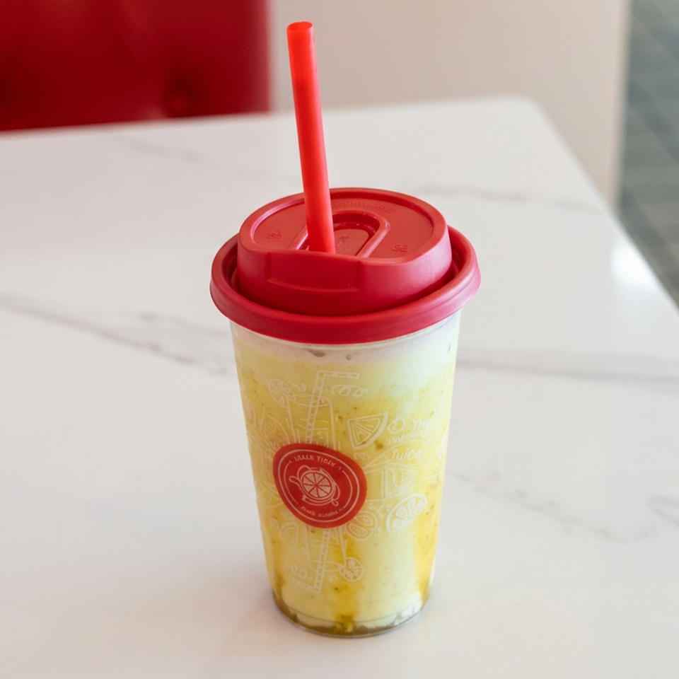 Yellow iced beverage in a clear cup with a red lid and straw on a white marble restaurant table.