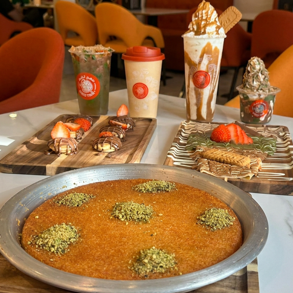 Assorted Middle Eastern desserts and branded milkshakes arranged on a marble table in a colorful café.